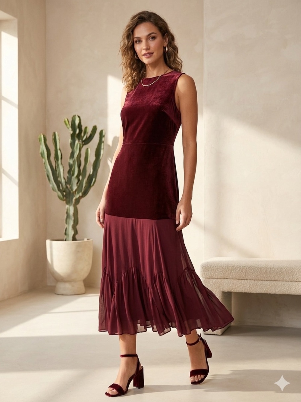 ASOS Burgundy Velvet & Chiffon Long Sleeve Midi Dress